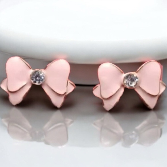Pink Bow Crystal, Enamel, & Silver Stud Earrings - Picture 2 of 3